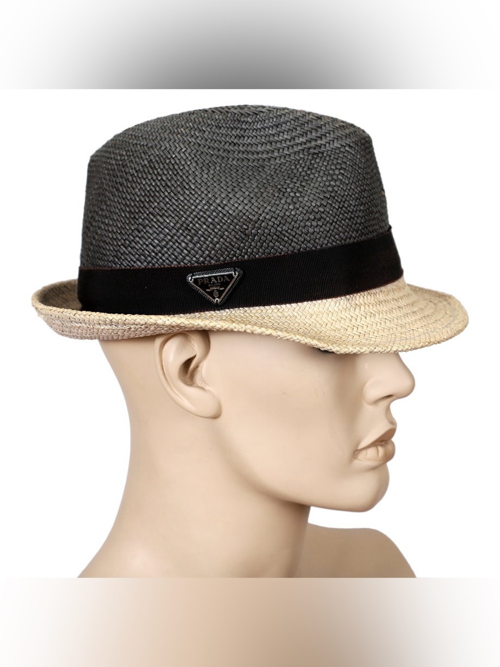 Prada Two-Tone Straw Fedora Hat with Black Grosgrain Band and triangle logo XL